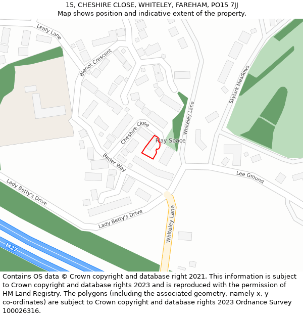 15, CHESHIRE CLOSE, WHITELEY, FAREHAM, PO15 7JJ: Location map and indicative extent of plot