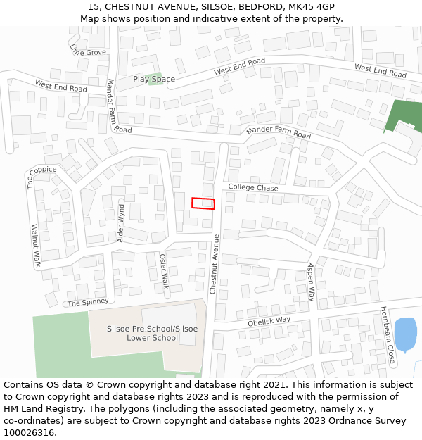 15, CHESTNUT AVENUE, SILSOE, BEDFORD, MK45 4GP: Location map and indicative extent of plot