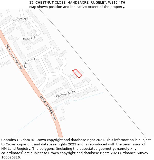 15, CHESTNUT CLOSE, HANDSACRE, RUGELEY, WS15 4TH: Location map and indicative extent of plot