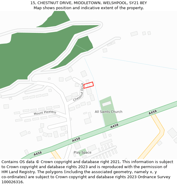 15, CHESTNUT DRIVE, MIDDLETOWN, WELSHPOOL, SY21 8EY: Location map and indicative extent of plot