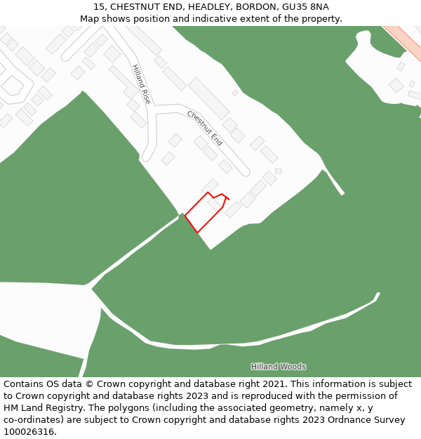 15, CHESTNUT END, HEADLEY, BORDON, GU35 8NA: Location map and indicative extent of plot