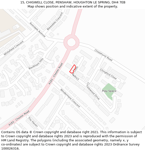 15, CHIGWELL CLOSE, PENSHAW, HOUGHTON LE SPRING, DH4 7EB: Location map and indicative extent of plot