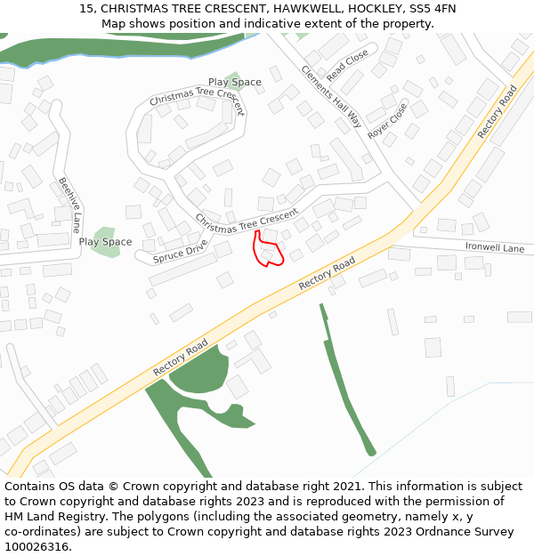15, CHRISTMAS TREE CRESCENT, HAWKWELL, HOCKLEY, SS5 4FN: Location map and indicative extent of plot
