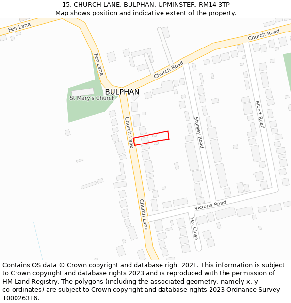 15, CHURCH LANE, BULPHAN, UPMINSTER, RM14 3TP: Location map and indicative extent of plot