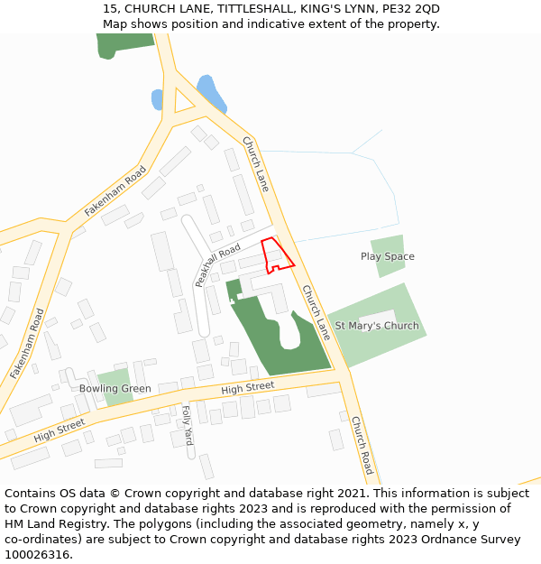 15, CHURCH LANE, TITTLESHALL, KING'S LYNN, PE32 2QD: Location map and indicative extent of plot