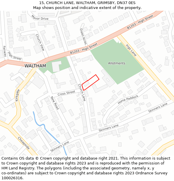 15, CHURCH LANE, WALTHAM, GRIMSBY, DN37 0ES: Location map and indicative extent of plot
