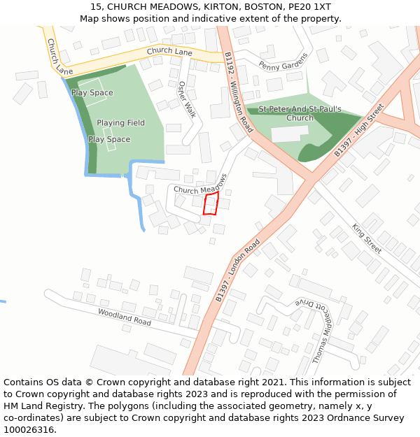 15, CHURCH MEADOWS, KIRTON, BOSTON, PE20 1XT: Location map and indicative extent of plot