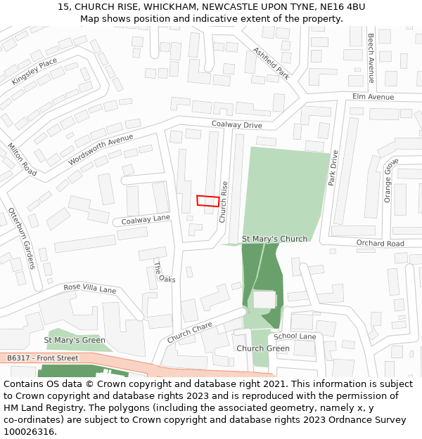 15, CHURCH RISE, WHICKHAM, NEWCASTLE UPON TYNE, NE16 4BU: Location map and indicative extent of plot