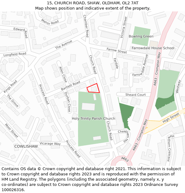 15, CHURCH ROAD, SHAW, OLDHAM, OL2 7AT: Location map and indicative extent of plot