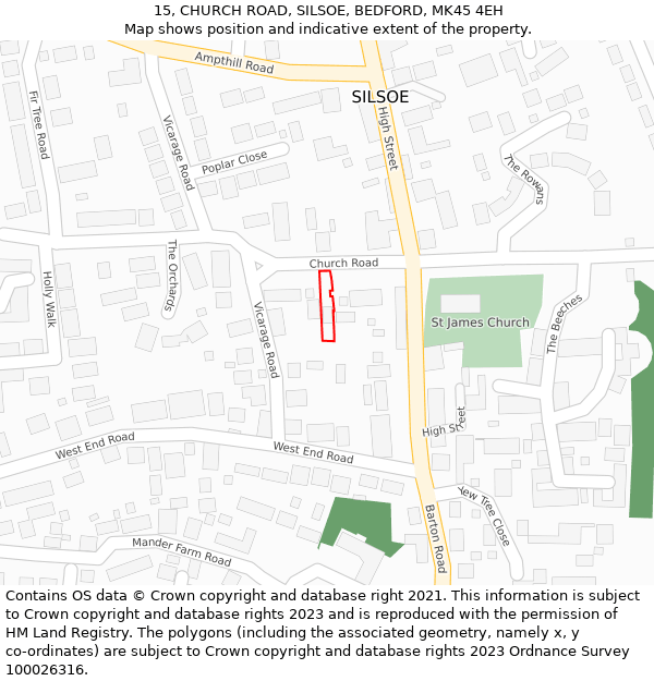 15, CHURCH ROAD, SILSOE, BEDFORD, MK45 4EH: Location map and indicative extent of plot