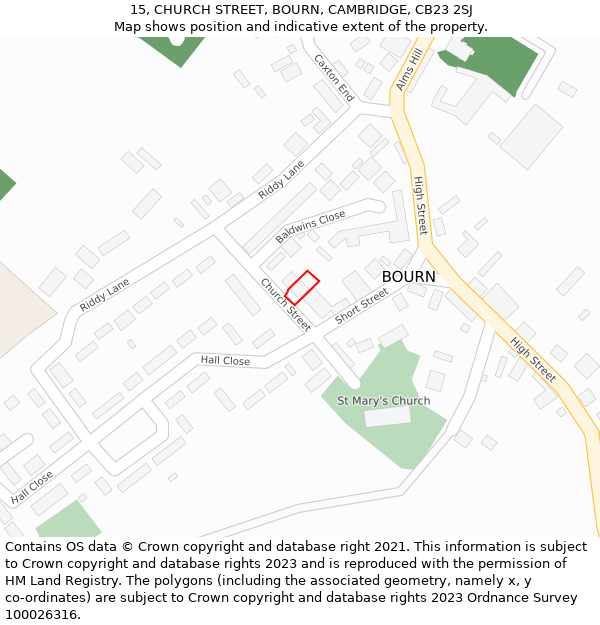 15, CHURCH STREET, BOURN, CAMBRIDGE, CB23 2SJ: Location map and indicative extent of plot