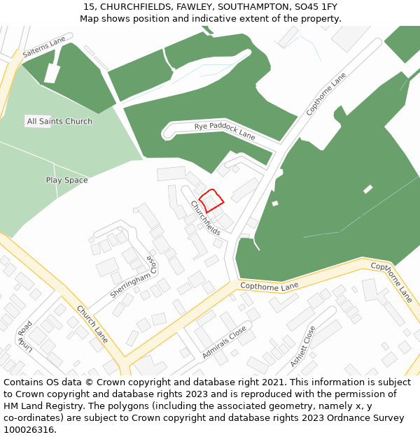 15, CHURCHFIELDS, FAWLEY, SOUTHAMPTON, SO45 1FY: Location map and indicative extent of plot