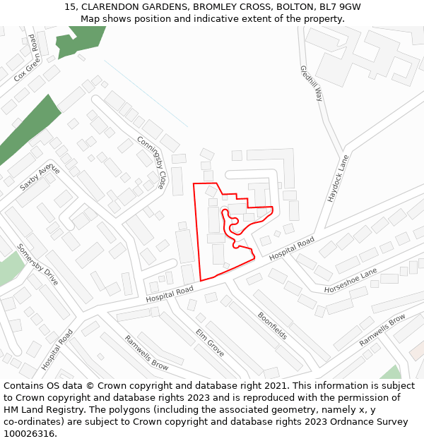 15, CLARENDON GARDENS, BROMLEY CROSS, BOLTON, BL7 9GW: Location map and indicative extent of plot