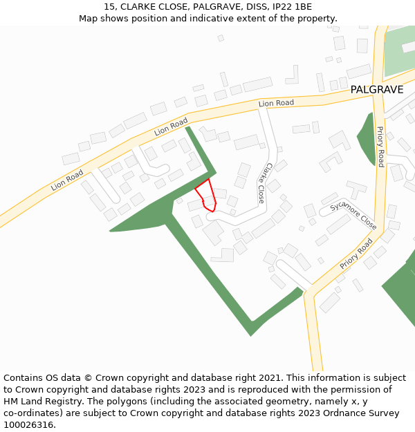 15, CLARKE CLOSE, PALGRAVE, DISS, IP22 1BE: Location map and indicative extent of plot