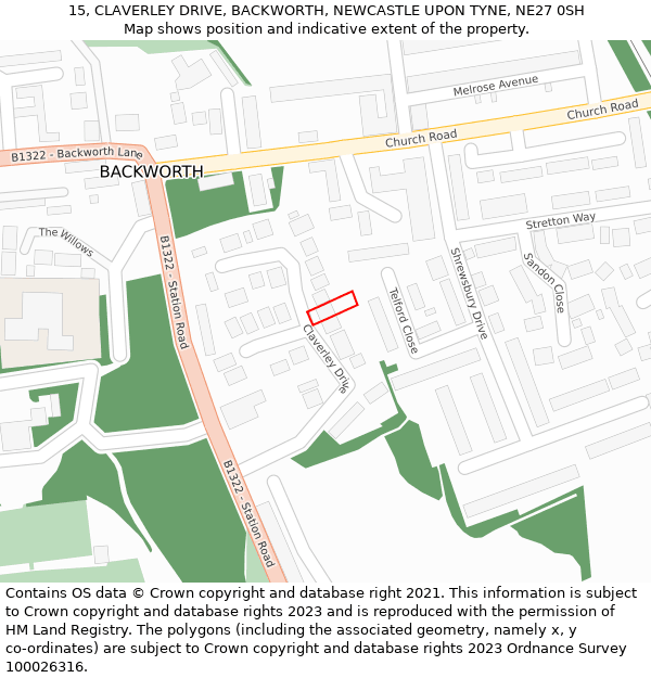 15, CLAVERLEY DRIVE, BACKWORTH, NEWCASTLE UPON TYNE, NE27 0SH: Location map and indicative extent of plot