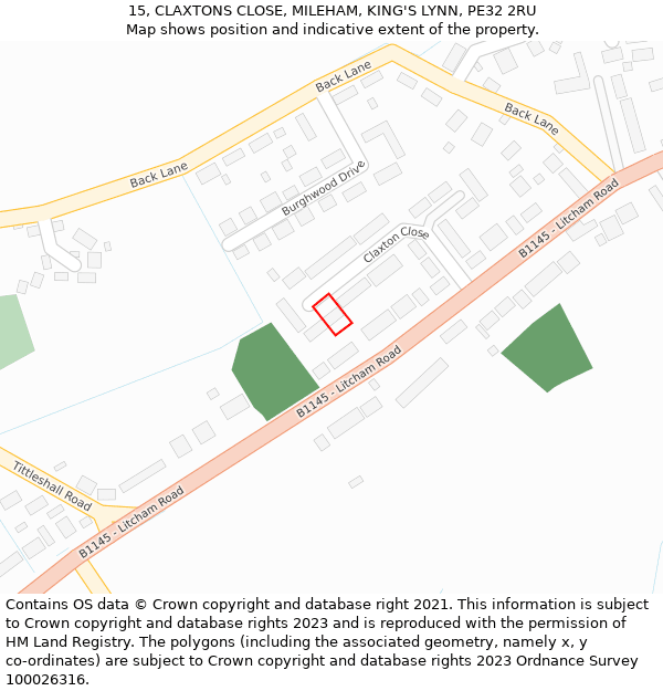 15, CLAXTONS CLOSE, MILEHAM, KING'S LYNN, PE32 2RU: Location map and indicative extent of plot