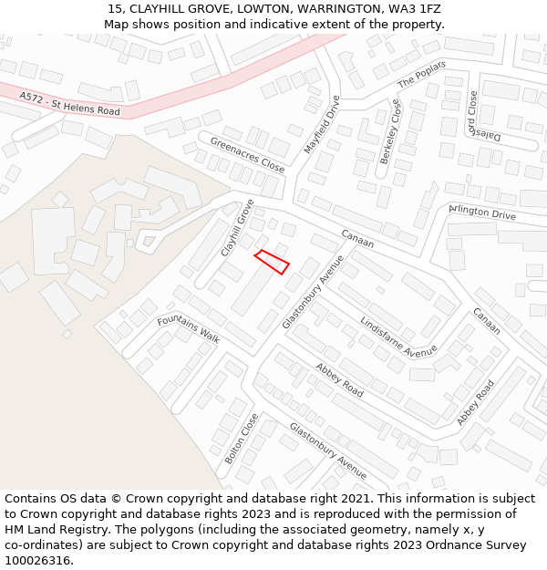 15, CLAYHILL GROVE, LOWTON, WARRINGTON, WA3 1FZ: Location map and indicative extent of plot