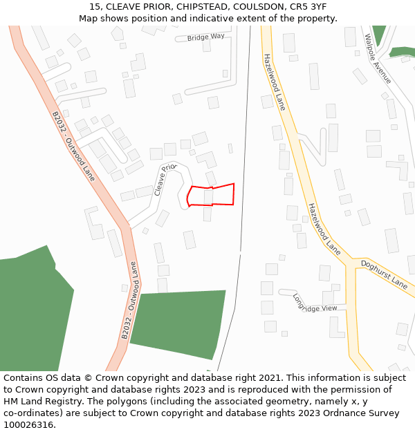 15, CLEAVE PRIOR, CHIPSTEAD, COULSDON, CR5 3YF: Location map and indicative extent of plot