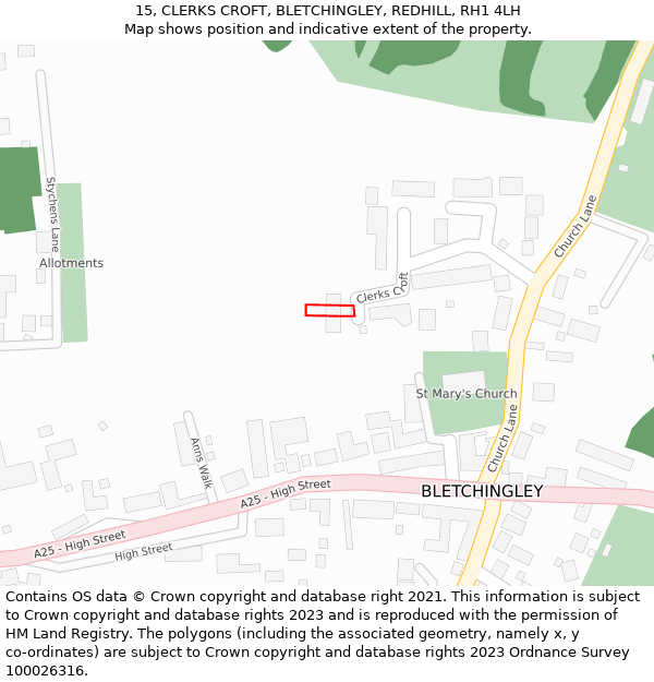 15, CLERKS CROFT, BLETCHINGLEY, REDHILL, RH1 4LH: Location map and indicative extent of plot