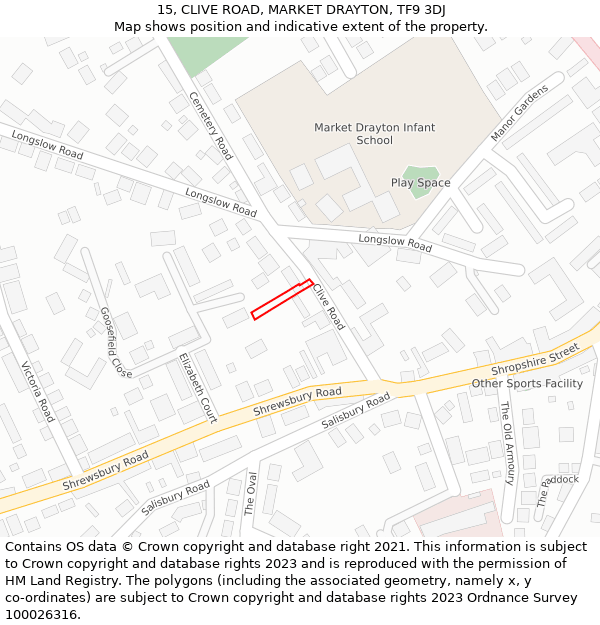 15, CLIVE ROAD, MARKET DRAYTON, TF9 3DJ: Location map and indicative extent of plot