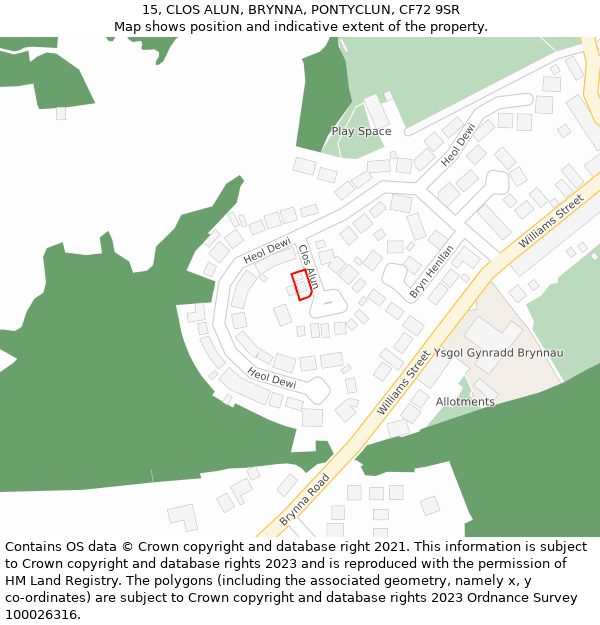 15, CLOS ALUN, BRYNNA, PONTYCLUN, CF72 9SR: Location map and indicative extent of plot