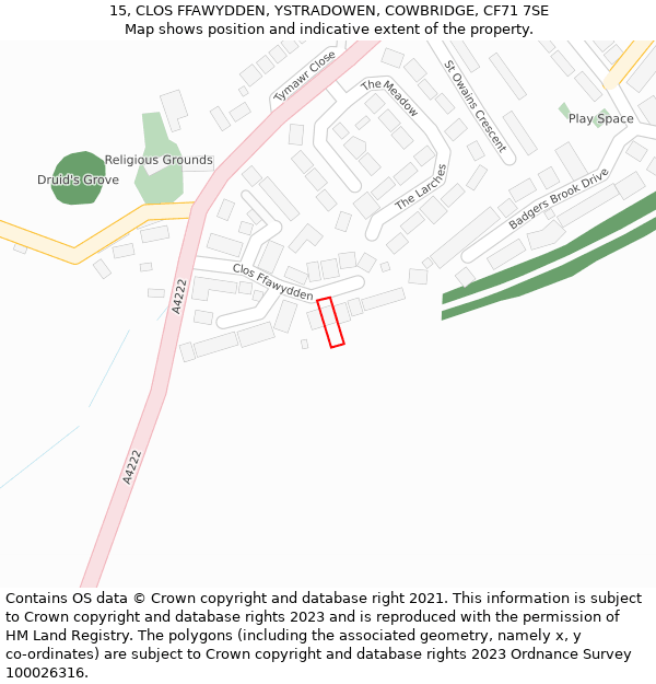 15, CLOS FFAWYDDEN, YSTRADOWEN, COWBRIDGE, CF71 7SE: Location map and indicative extent of plot