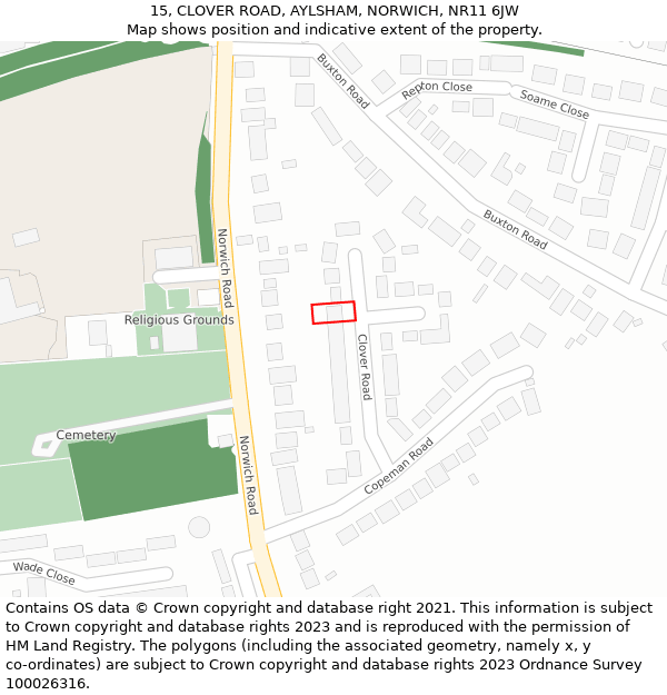 15, CLOVER ROAD, AYLSHAM, NORWICH, NR11 6JW: Location map and indicative extent of plot