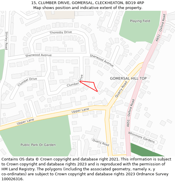 15, CLUMBER DRIVE, GOMERSAL, CLECKHEATON, BD19 4RP: Location map and indicative extent of plot