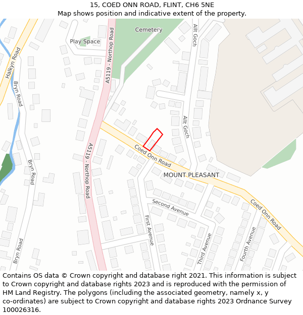 15, COED ONN ROAD, FLINT, CH6 5NE: Location map and indicative extent of plot