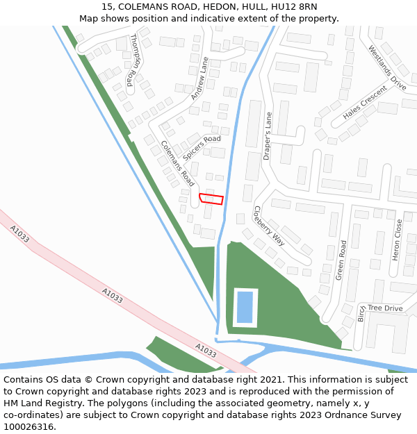 15, COLEMANS ROAD, HEDON, HULL, HU12 8RN: Location map and indicative extent of plot