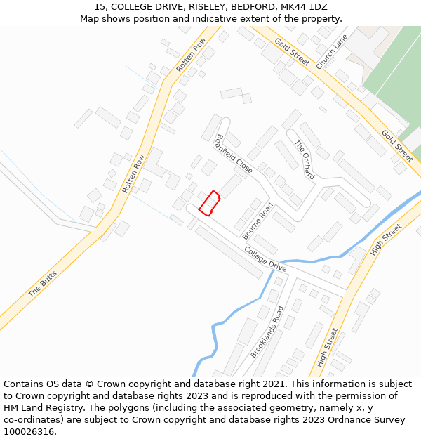 15, COLLEGE DRIVE, RISELEY, BEDFORD, MK44 1DZ: Location map and indicative extent of plot