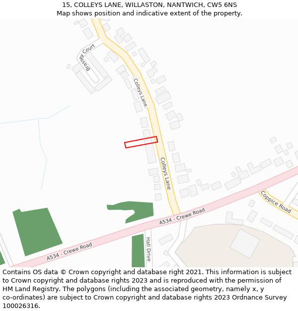 15, COLLEYS LANE, WILLASTON, NANTWICH, CW5 6NS: Location map and indicative extent of plot