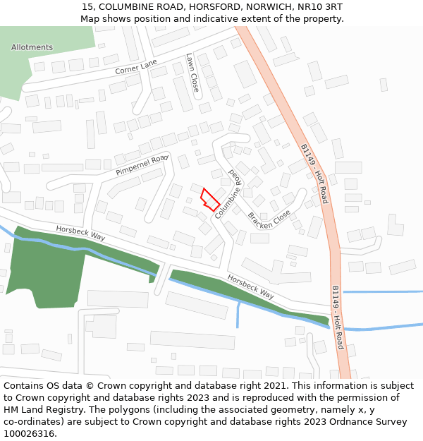 15, COLUMBINE ROAD, HORSFORD, NORWICH, NR10 3RT: Location map and indicative extent of plot