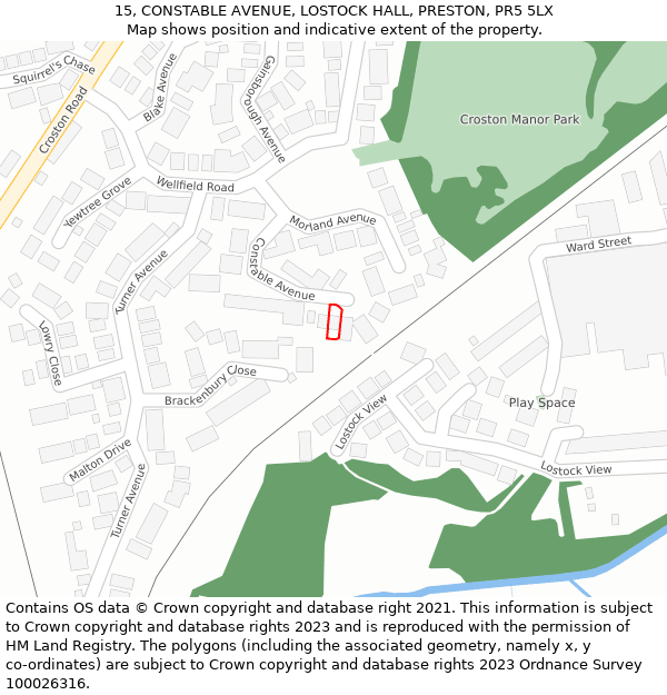 15, CONSTABLE AVENUE, LOSTOCK HALL, PRESTON, PR5 5LX: Location map and indicative extent of plot