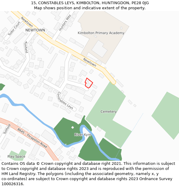 15, CONSTABLES LEYS, KIMBOLTON, HUNTINGDON, PE28 0JG: Location map and indicative extent of plot