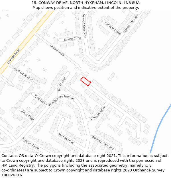 15, CONWAY DRIVE, NORTH HYKEHAM, LINCOLN, LN6 8UA: Location map and indicative extent of plot