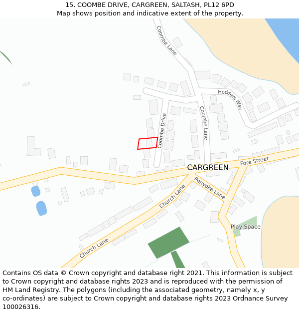 15, COOMBE DRIVE, CARGREEN, SALTASH, PL12 6PD: Location map and indicative extent of plot