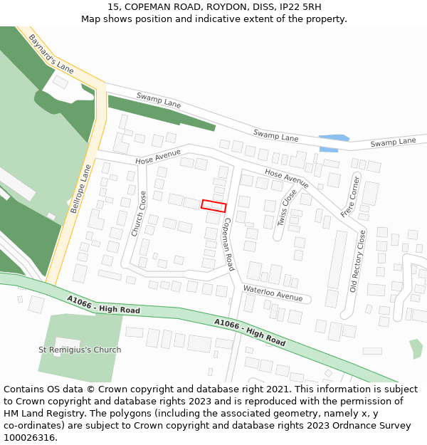 15, COPEMAN ROAD, ROYDON, DISS, IP22 5RH: Location map and indicative extent of plot