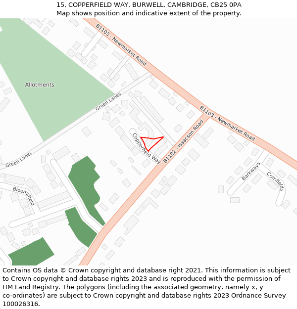 15, COPPERFIELD WAY, BURWELL, CAMBRIDGE, CB25 0PA: Location map and indicative extent of plot