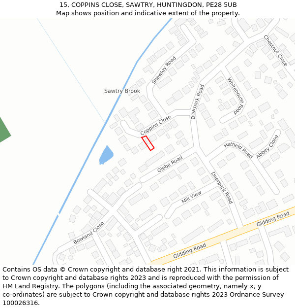 15, COPPINS CLOSE, SAWTRY, HUNTINGDON, PE28 5UB: Location map and indicative extent of plot