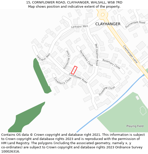 15, CORNFLOWER ROAD, CLAYHANGER, WALSALL, WS8 7RD: Location map and indicative extent of plot