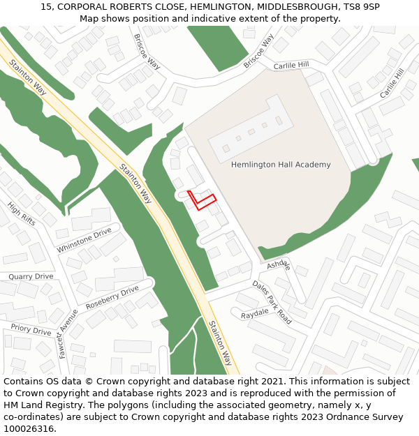 15, CORPORAL ROBERTS CLOSE, HEMLINGTON, MIDDLESBROUGH, TS8 9SP: Location map and indicative extent of plot