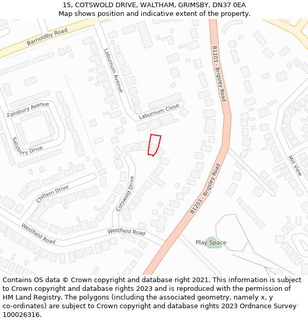 15, COTSWOLD DRIVE, WALTHAM, GRIMSBY, DN37 0EA: Location map and indicative extent of plot