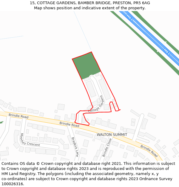 15, COTTAGE GARDENS, BAMBER BRIDGE, PRESTON, PR5 6AG: Location map and indicative extent of plot