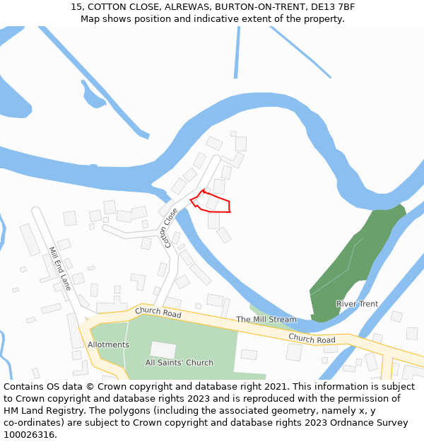 15, COTTON CLOSE, ALREWAS, BURTON-ON-TRENT, DE13 7BF: Location map and indicative extent of plot
