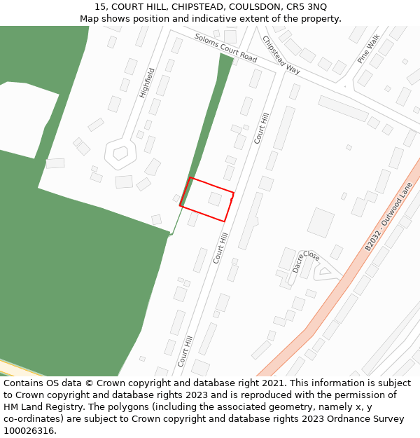 15, COURT HILL, CHIPSTEAD, COULSDON, CR5 3NQ: Location map and indicative extent of plot