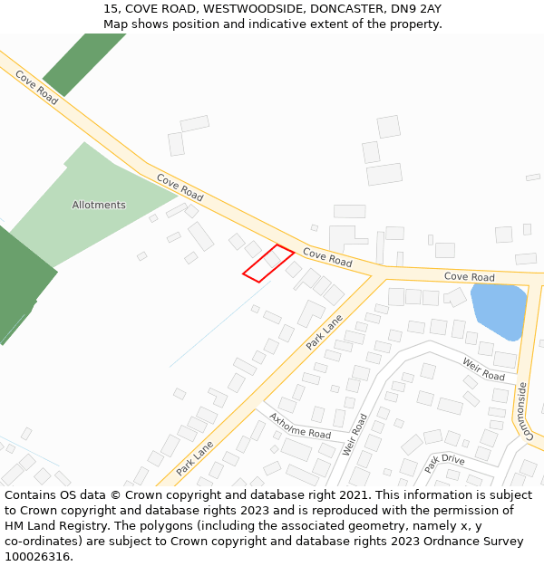 15, COVE ROAD, WESTWOODSIDE, DONCASTER, DN9 2AY: Location map and indicative extent of plot