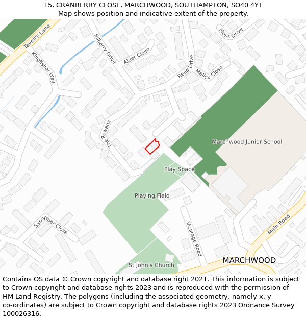 15, CRANBERRY CLOSE, MARCHWOOD, SOUTHAMPTON, SO40 4YT: Location map and indicative extent of plot