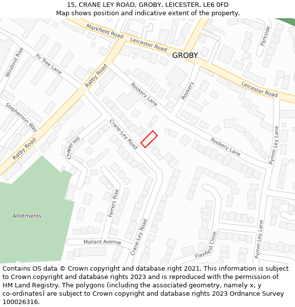15, CRANE LEY ROAD, GROBY, LEICESTER, LE6 0FD: Location map and indicative extent of plot