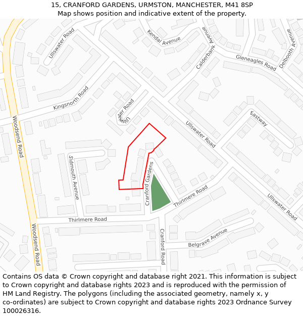 15, CRANFORD GARDENS, URMSTON, MANCHESTER, M41 8SP: Location map and indicative extent of plot